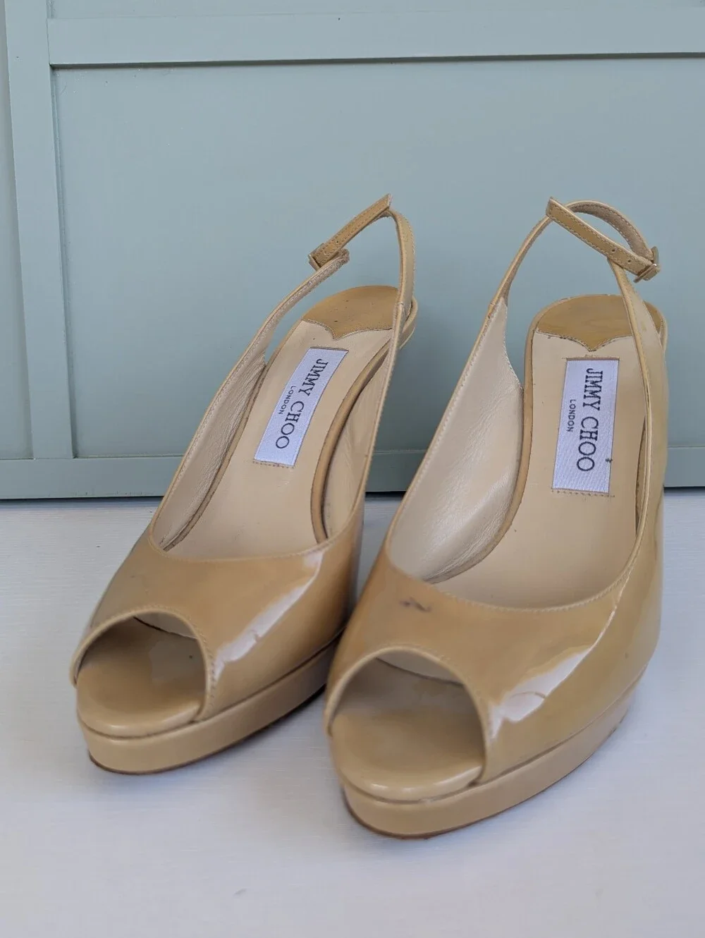 Jimmy Choo Beige Patent Leather Peep-Toe Slingback Wedges